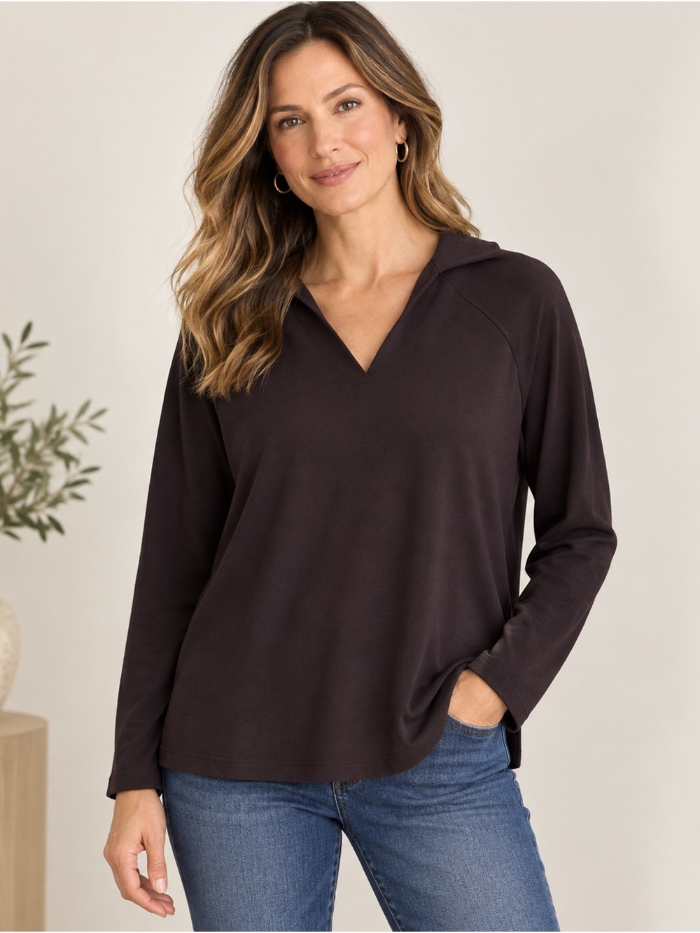 J.Jill Wearever Collection Navy Split Neck Long Sleeve Top Size S